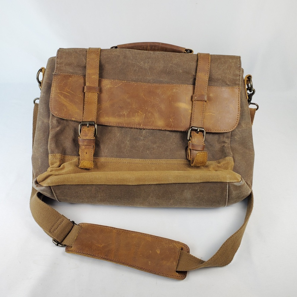 NEWHEY Messenger Laptop Bag Waterproof Canvas Leather Nubuck Brown Beeswax